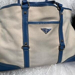 Prada, white canvas, periwinkle leather trim and straps, A++ condition